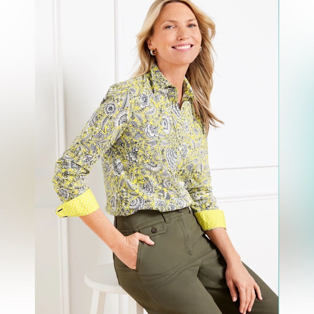 TALBOTS L White Yellow Navy Floral Long Sleeve Button Front Cotton Shirt